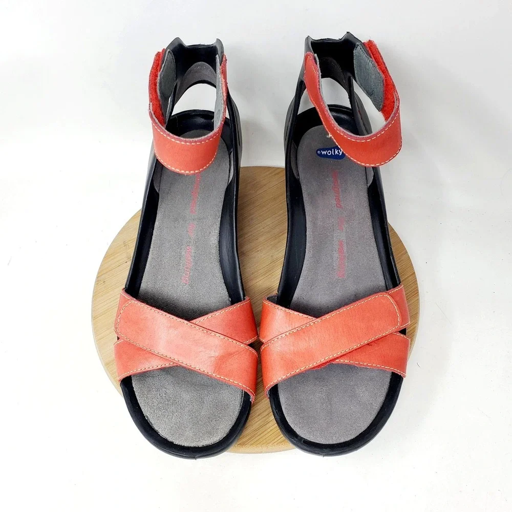 Wolky Era Wedge Sandals Womens 41 Red Leather Black Adjustable Ankle Strap Shoes